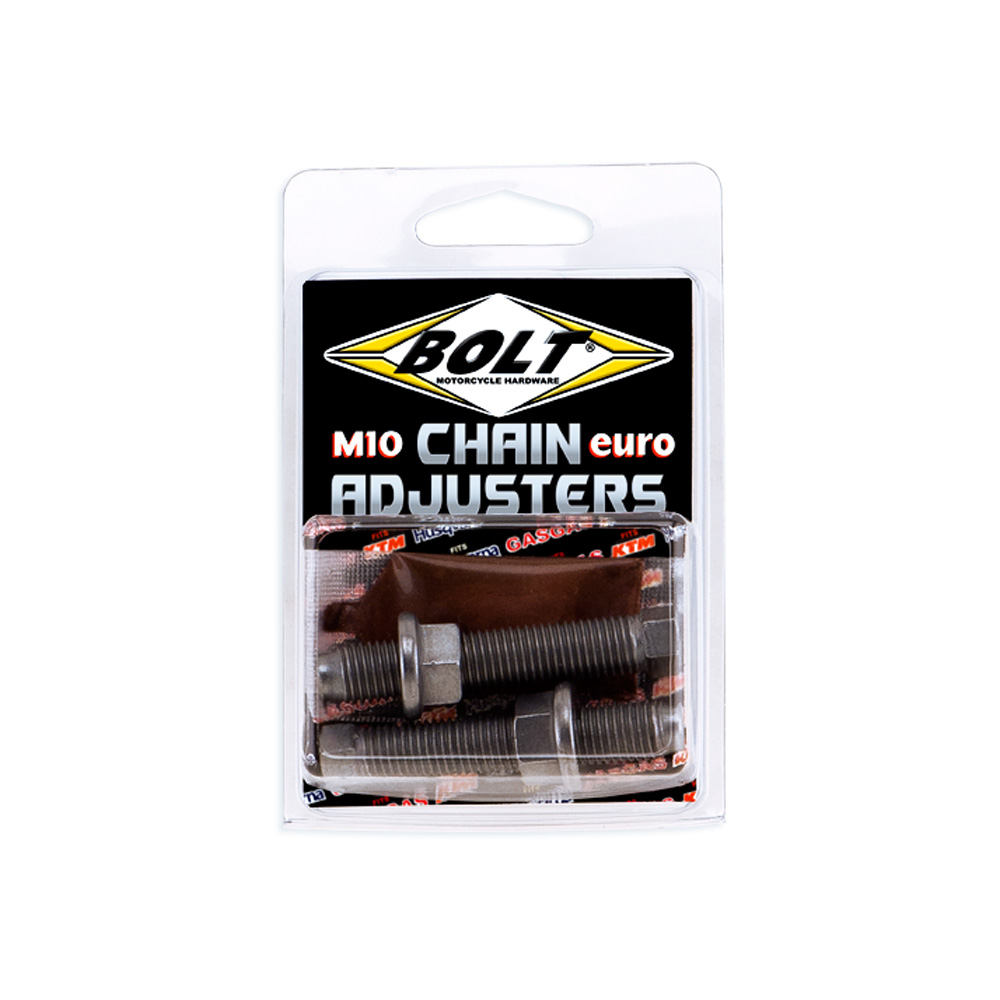 SWING ARM CHAIN ADJUSTERS NUT/BOLT M10 EURO STYLE KTM/HQV/GAS (STEEL, INCLUDES COPPER GREASE)